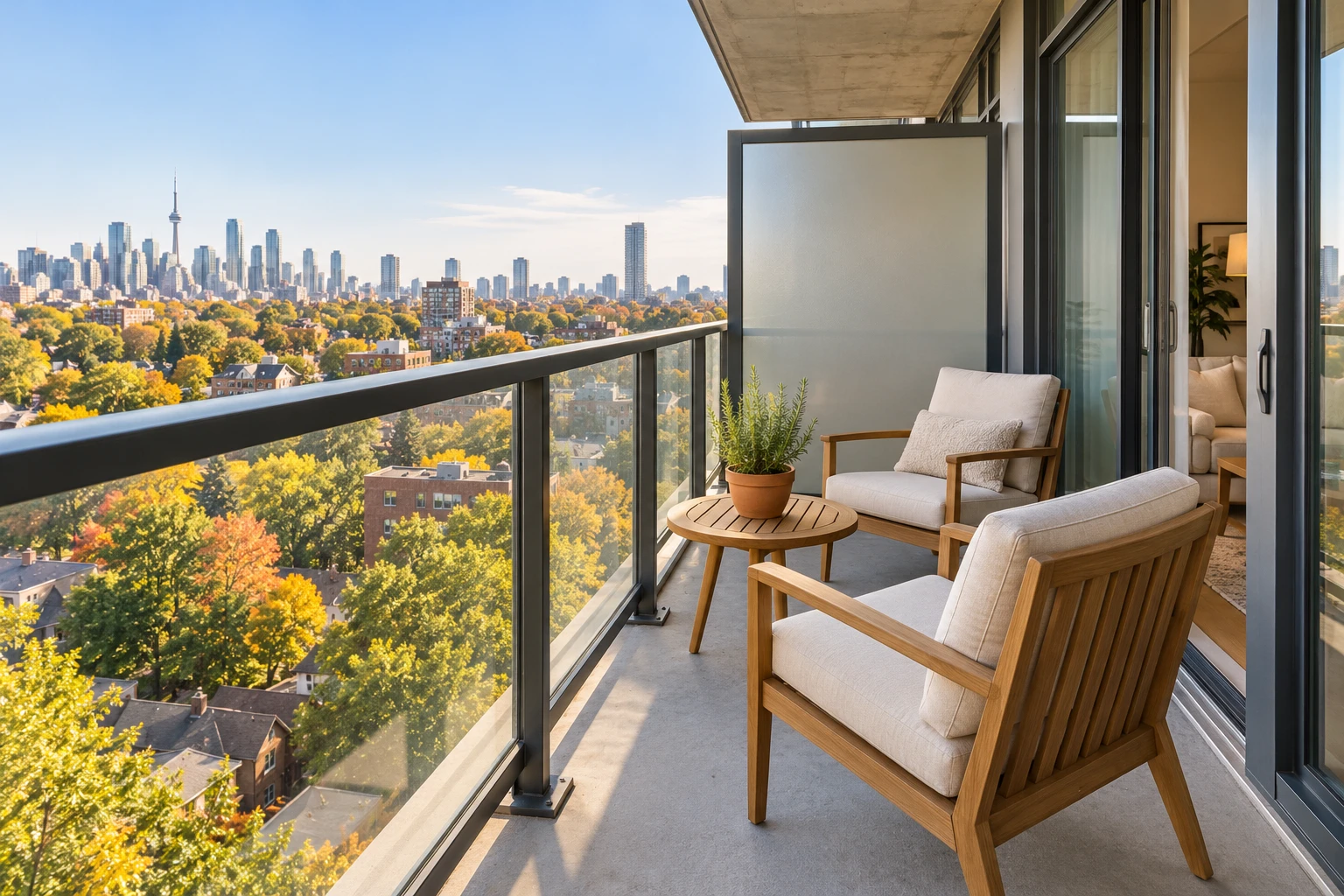 Compact condo balcony with teak chairs and a clear doorway