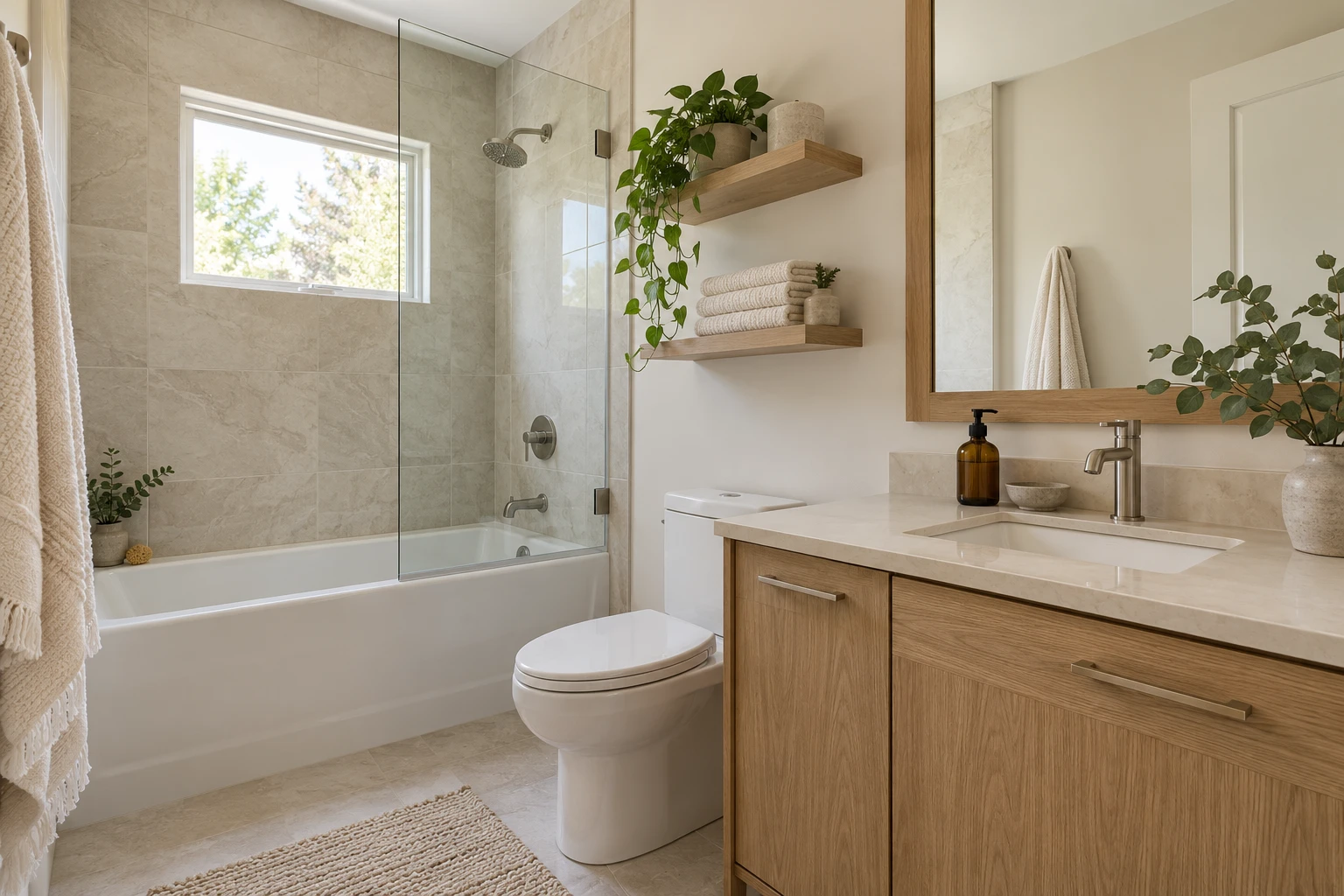 Modest bathroom styled with cream towels and natural accessories