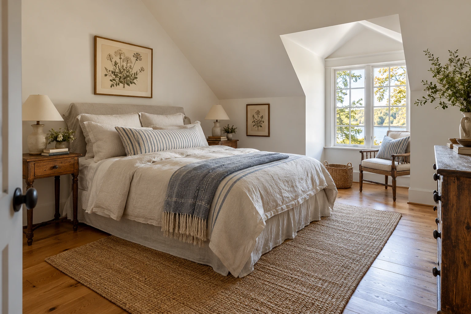 Cottage bedroom with sloped ceiling and a bright dormer window