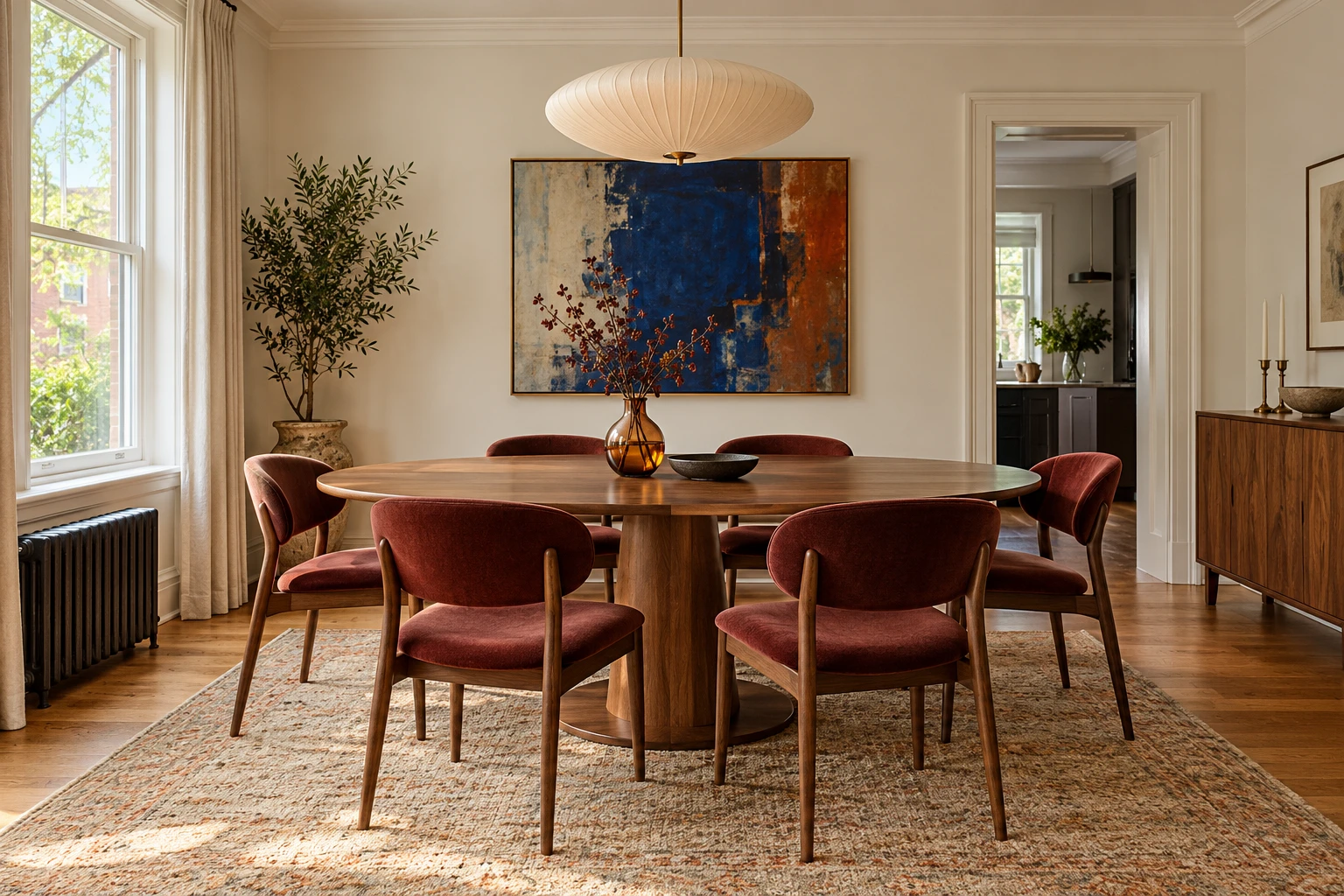 Mid-century dining room with walnut table and red upholstered chairs