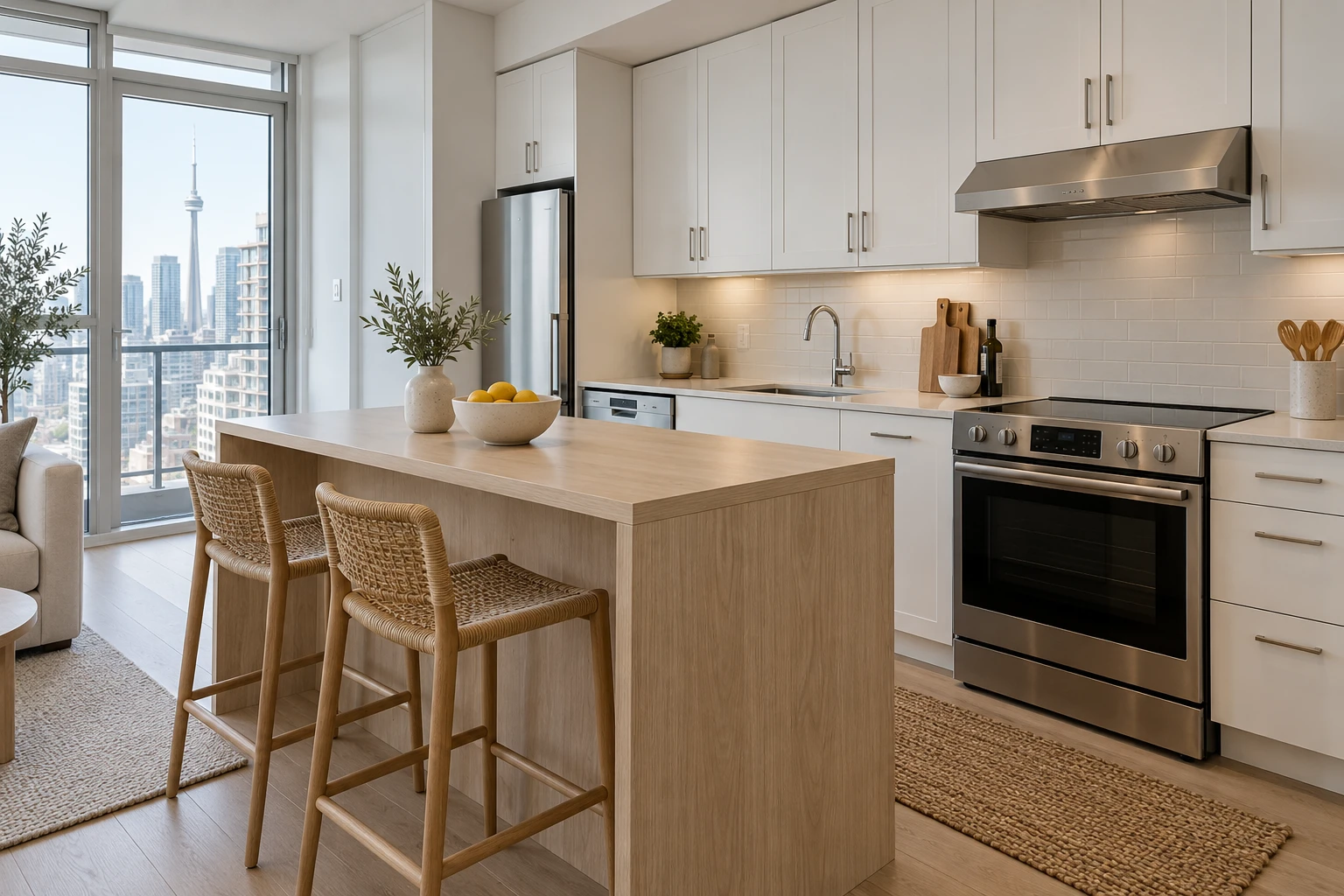 Compact Scandinavian kitchen with woven counter stools