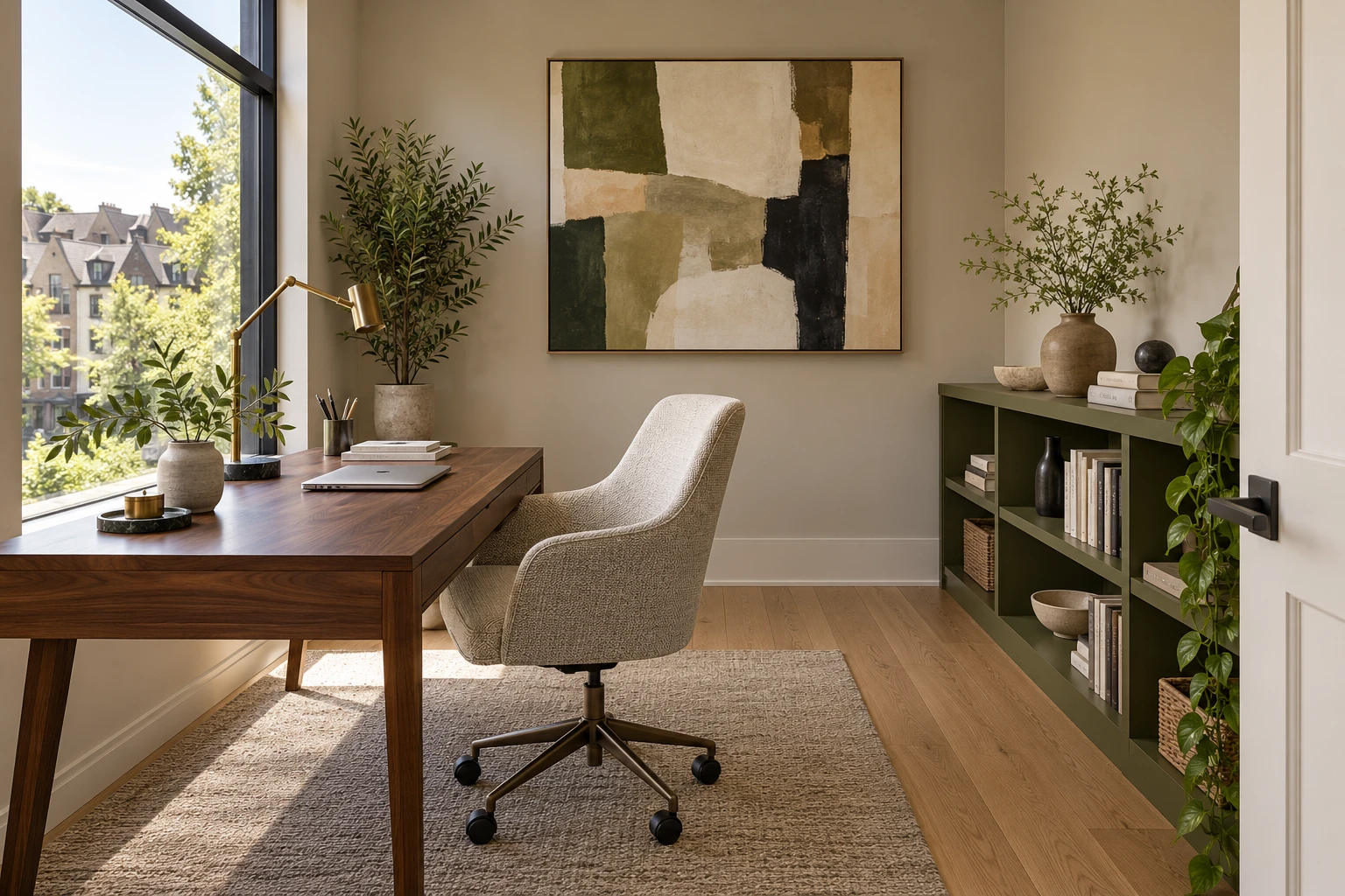 Home office with walnut desk and olive bookcase