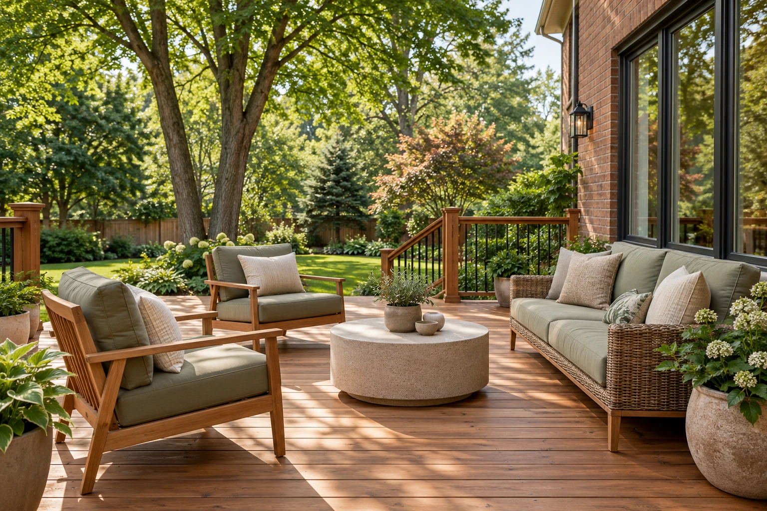 Cedar patio with outdoor seating beside a brick home